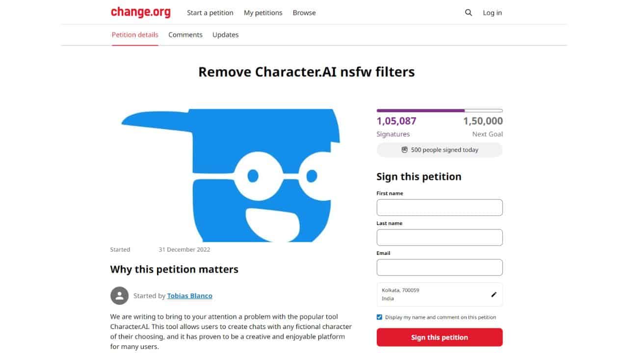 Petición · Remove Character​.​AI nsfw filters ·